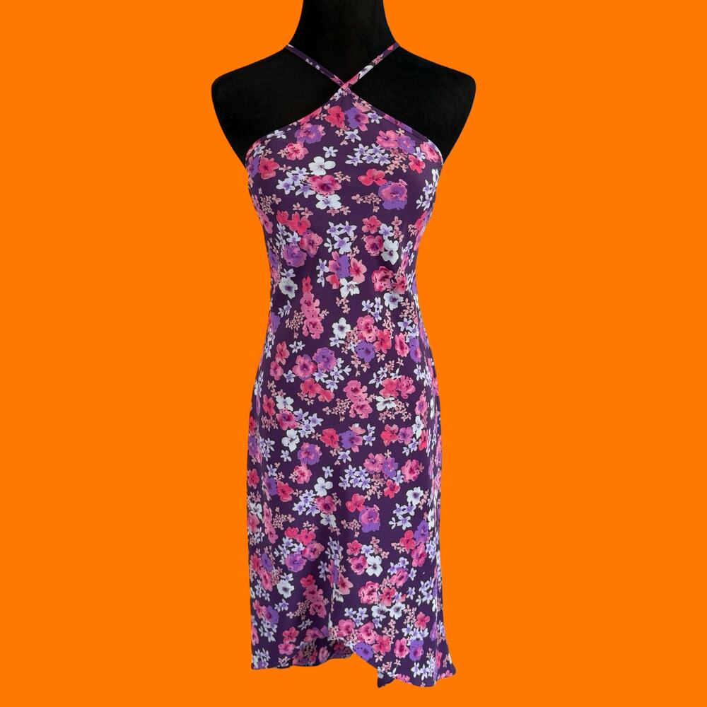 00's vintage purple floral halter y2k asymmetrical dress Size 1/2 Express